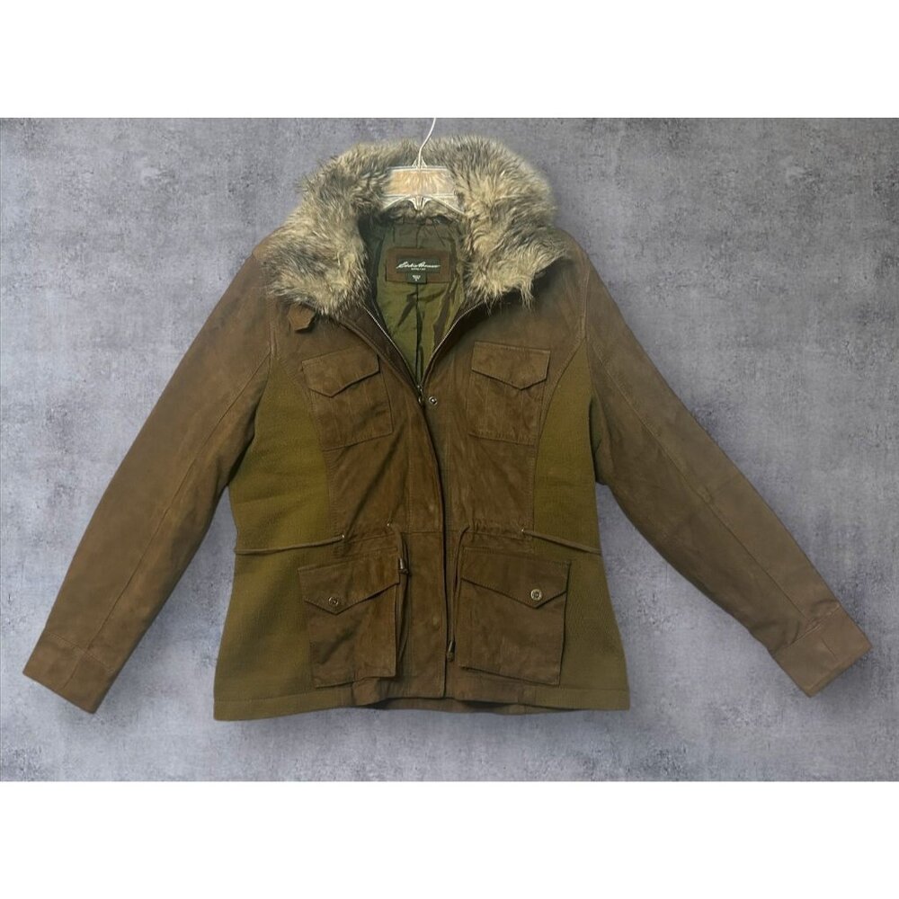 Cotton canvas field jacket w/ faux fur collar HIDDEN rain hoodie Eddie BAUER XL - Picture 2 of 16